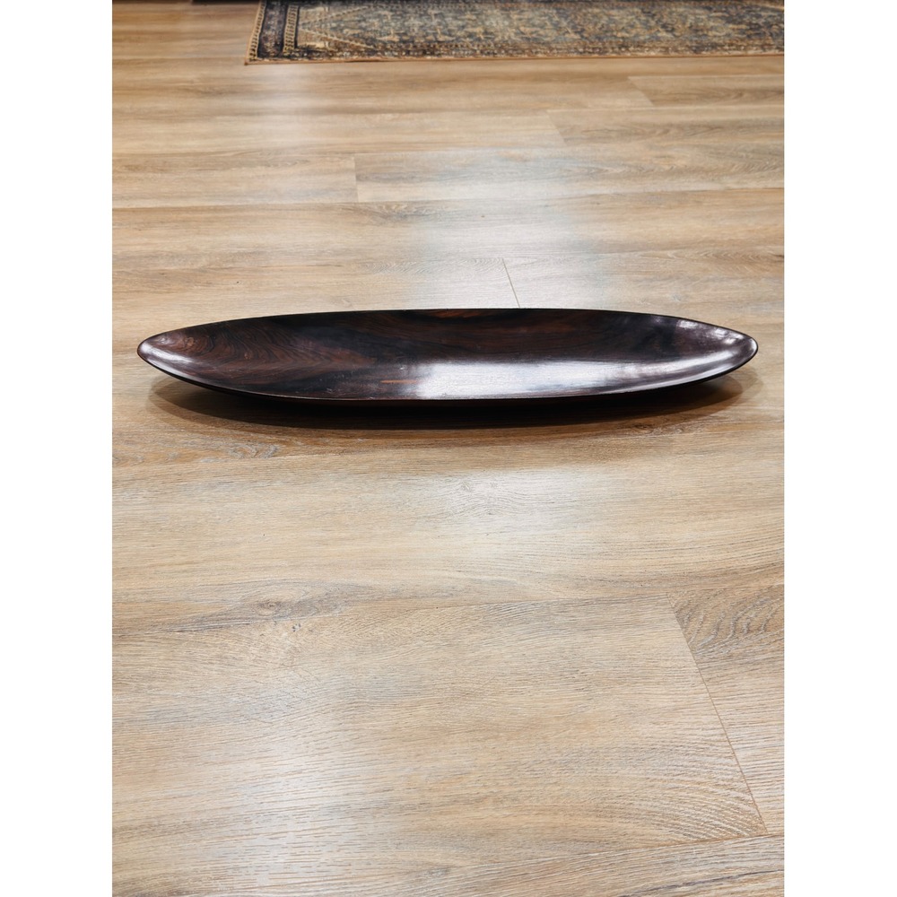 Vintage Mid Century Modern Hand Carved Exotic Wood Oval Boat Tray Signed READ
